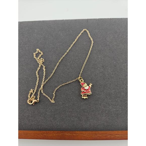 Santa Clause Red Charm Pendant Gold Tone Chain Necklace Holiday Vintage - Picture 3 of 3